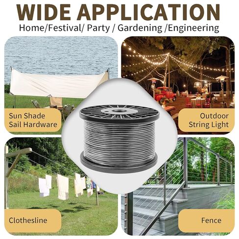 1/8" Black Wire Rope Kit 300FT 304 Stainless Steel Vinyl Coated with M5 Turnbuckles, 7x7 Strand Core Aircraft Cable for String Light, Picture Hanging, Clothesline, Curtain, and Plant Trellis in Kuwait