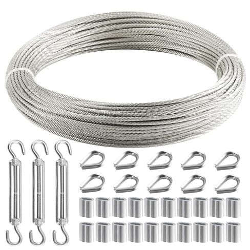 1/8 Inch Wire Rope, 120FT Stainless Steel Cable, 7x7 Strands Steel Wire Kit with Turnbuckles, Sleeves, Thimbles - Aircraft Cable for Garden, String Light Hanging, Deck Railing, DIY Projects in Saudi Arabia