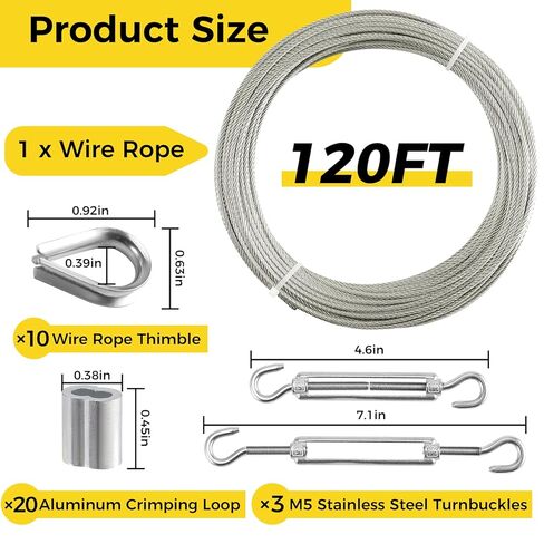 1/8 Inch Wire Rope, 120FT Stainless Steel Cable, 7x7 Strands Steel Wire Kit with Turnbuckles, Sleeves, Thimbles - Aircraft Cable for Garden, String Light Hanging, Deck Railing, DIY Projects in Saudi Arabia
