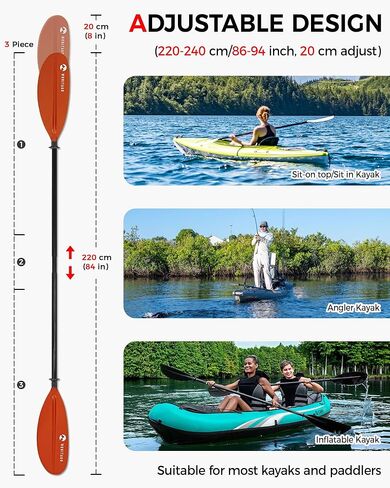 مجداف كاياك بعمود من الألياف الزجاجية الممتازة وشفرة PP محسنة، مجذاف كاياك قابل للتعديل، 86-94 بوصة (220-240 سم)، 94-102 بوصة (240-260 سم) in Kuwait