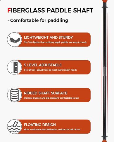مجداف كاياك بعمود من الألياف الزجاجية الممتازة وشفرة PP محسنة، مجذاف كاياك قابل للتعديل، 86-94 بوصة (220-240 سم)، 94-102 بوصة (240-260 سم) in Kuwait