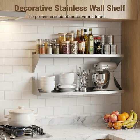 رف من الفولاذ المقاوم للصدأ مثبت على الحائط مقاس 12 بوصة × 48 بوصة 320 رطل، أرفف تجارية من الفولاذ المقاوم للصدأ مع أقواس قابلة للعكس، رفوف معدنية عائمة شديدة التحمل للمطبخ، المطعم، المرآب، البار in Kuwait