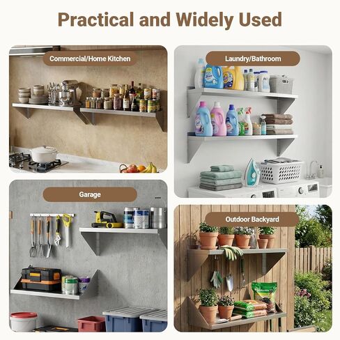 رف من الفولاذ المقاوم للصدأ مثبت على الحائط مقاس 12 بوصة × 48 بوصة 320 رطل، أرفف تجارية من الفولاذ المقاوم للصدأ مع أقواس قابلة للعكس، رفوف معدنية عائمة شديدة التحمل للمطبخ، المطعم، المرآب، البار in Kuwait