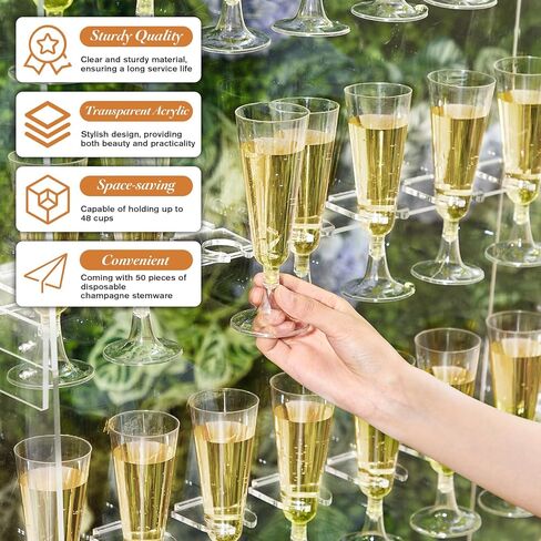 5 Ft Champagne Wall Display Stand - 6 Tier Acrylic Champagne Tower Holder with 50 Plastic Flute Glasses, Freestanding Mimosa Bar Stand for Wedding Birthday Bridal Shower Party Decorations in Saudi Arabia