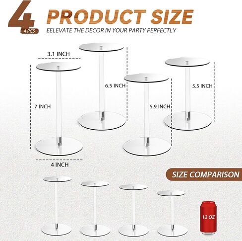4 عبوات من حوامل عرض الأكريليك المستديرة، 5.5-5.9-6.5-7 بوصة رافعات عرض أكريليك شفافة صغيرة، مجموعة قاعدة بلاستيكية شفافة لعرض مجوهرات الأحجار الكريمة، ديكور طاولة حفلات الكب كيك in Kuwait