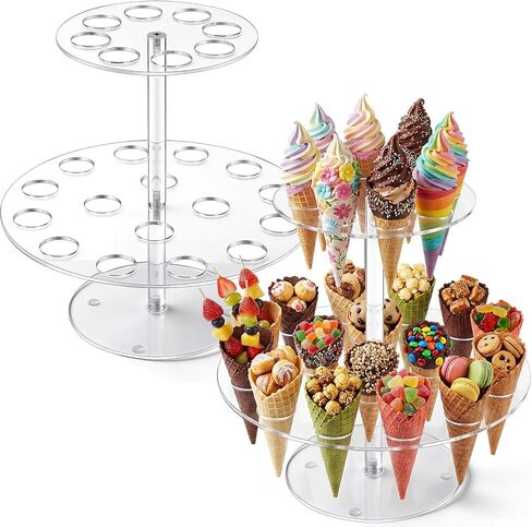 2 Pack Acrylic Ice Cream Cone Holder 2 Tier Waffle Cone Display Stand with 24 Holes Clear Double Food Display Stand Rack for Charcuterie Cones Birthday Party Weddings Waffle Displaying Round in Saudi Arabia