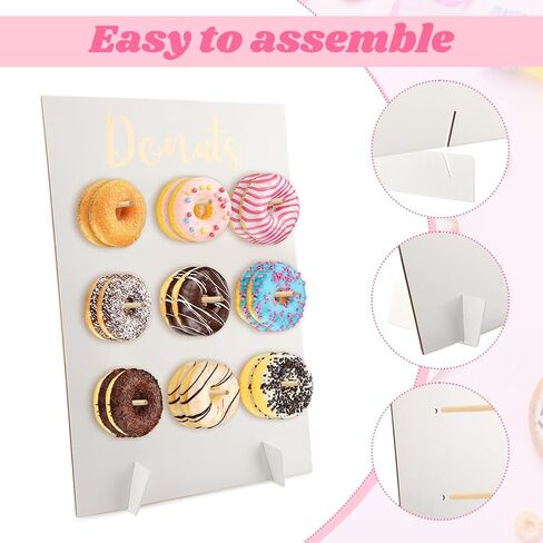 Donut Wall Display Stand, Wooden Donut Peg Board Holds 9 Donuts, Reusable Donut' Holder Board Rustic Wood Doughnut Food Buffet Display for Party Decorations(COLOR:white) in Kuwait