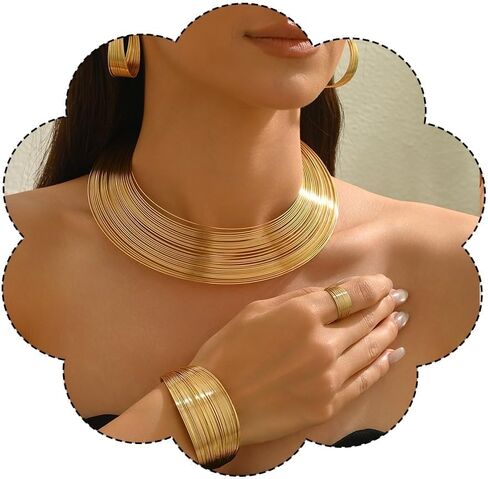 Gold African Jewelry Set for Women Gold Silver Hoop Chunky African Necklace Earrings Ring Bracelet Set Wedding Jewelry in Kuwait