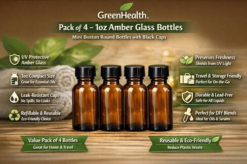 GreenHealth Pack of 4-1oz Amber Glass Bottles for Essential Oils - Mini Boston Round Bottles with Lids - Black Plastic Cap in Kuwait