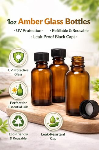 GreenHealth Pack of 4-1oz Amber Glass Bottles for Essential Oils - Mini Boston Round Bottles with Lids - Black Plastic Cap in Kuwait
