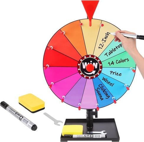12 Inch Tabletop Spinning Prize Wheel - 14 Slot Tabletop Spin Wheel with Stand, Heavy Duty Storage Base, Dry Erase Board & Marker for Carnival, Party, Classroom & Corporate Event Games in Kuwait