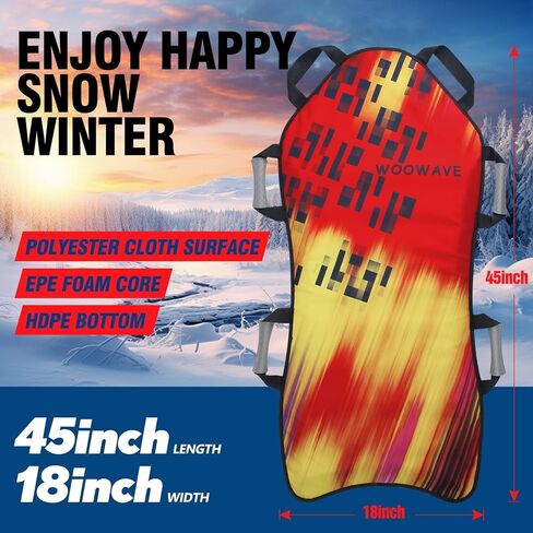 WOOWAVE 45"×18" Foldable Snow Sled，Fits 2 Children or 1 Adult，Ultra Portable, Strong and Durable, Sturdy Fabric Stitching, Handles with Steering，Kid's Winter Fun (Yellow-45 Foldable Extra Cushion) in Kuwait