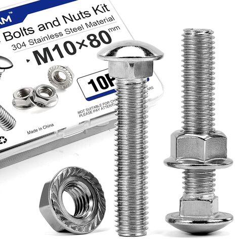 10Pcs M10 × 80mm Carriage Bolts Screws, 304 Stainless Steel 18-8, Round Head Square Neck Screw and Serrated Flange Nuts, Fully Threaded in Kuwait