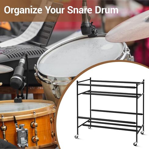 Two-tier Snare Rack with Locking Casters Snares Stand Drum Holder Display Storage for Holding up to 10 Snare Drums, 38.25 x 16.5 x 34.5 Inch in Saudi Arabia