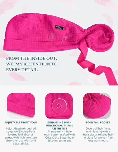قبعة فرك ذيل حصان للنساء - قبعة جراحية بلون وردي فاقع مع أزرار، قبعات فرك ذيل حصان قطنية، قبعة جراحية قابلة للتعديل للنساء لتأمين الشعر الطويل in Kuwait