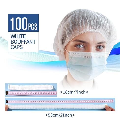 شبكات شعر للاستعمال مرة واحدة للعاملين في خدمة الطعام - 100 قطعة من قبعات الشعر المنتفخة من مادة البولي بروبيلين البيضاء للنساء، غطاء شعر مرن لحماية غطاء الغبار بطول 53.34 سم. in Kuwait