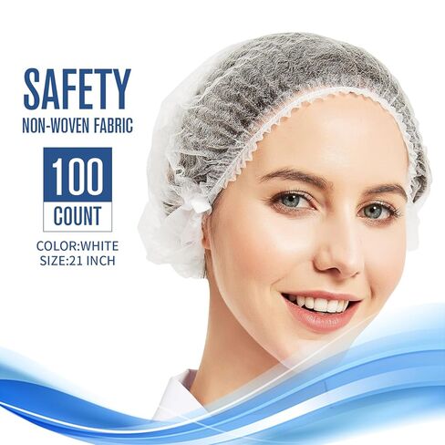 شبكات شعر للاستعمال مرة واحدة للعاملين في خدمة الطعام - 100 قطعة من قبعات الشعر المنتفخة من مادة البولي بروبيلين البيضاء للنساء، غطاء شعر مرن لحماية غطاء الغبار بطول 53.34 سم. in Kuwait