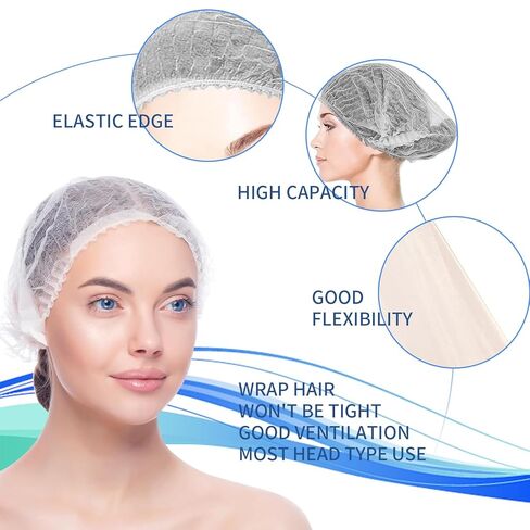 شبكات شعر للاستعمال مرة واحدة للعاملين في خدمة الطعام - 100 قطعة من قبعات الشعر المنتفخة من مادة البولي بروبيلين البيضاء للنساء، غطاء شعر مرن لحماية غطاء الغبار بطول 53.34 سم. in Kuwait