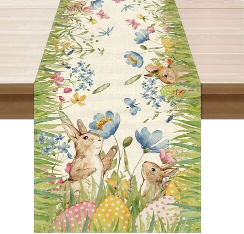 XCHI Watercolor Cute Bunny Eggs Grass Flowers Rabbits Easter Table Runner Table Decoration for Party Home Kitchen Dining Holiday Decor 13x72 Inch in Saudi Arabia