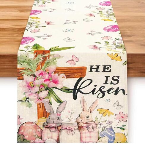 Easter Table Runner 13×72 Inch, Easter Decorations for Table Decor, Bunny Table Runner with Cross Flower, He is Risen Decors Spring Kitchen Dining Table Decor for Home in Kuwait