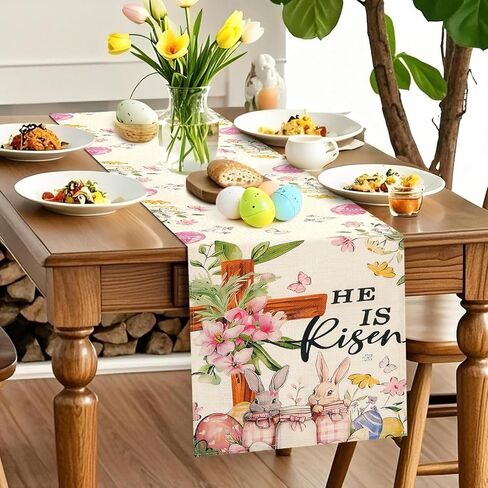 Easter Table Runner 13×72 Inch, Easter Decorations for Table Decor, Bunny Table Runner with Cross Flower, He is Risen Decors Spring Kitchen Dining Table Decor for Home in Kuwait