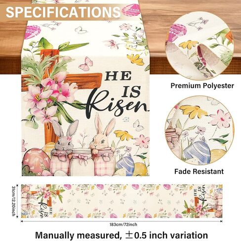Easter Table Runner 13×72 Inch, Easter Decorations for Table Decor, Bunny Table Runner with Cross Flower, He is Risen Decors Spring Kitchen Dining Table Decor for Home in Kuwait