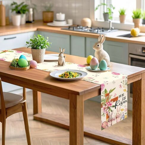 Easter Table Runner 13×72 Inch, Easter Decorations for Table Decor, Bunny Table Runner with Cross Flower, He is Risen Decors Spring Kitchen Dining Table Decor for Home in Kuwait