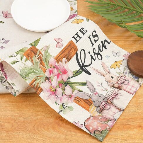 Easter Table Runner 13×72 Inch, Easter Decorations for Table Decor, Bunny Table Runner with Cross Flower, He is Risen Decors Spring Kitchen Dining Table Decor for Home in Kuwait