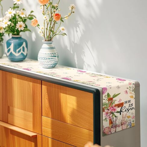 Easter Table Runner 13×72 Inch, Easter Decorations for Table Decor, Bunny Table Runner with Cross Flower, He is Risen Decors Spring Kitchen Dining Table Decor for Home in Kuwait