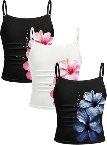Girl's 3 Packs Cheetah Leopard Floral Tank Top Spaghetti Strap Fitted Summer Cute Camisole Tops in Saudi Arabia