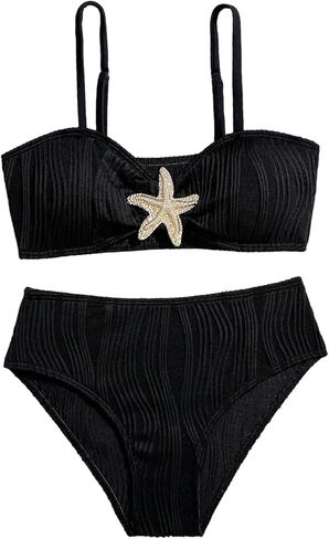 Girl's 2 Piece Textured Starfish Swimsuit Spaghetti Strap Padded Bathing Suit Bikini Sets in Saudi Arabia