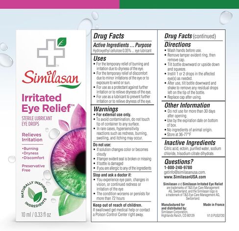 Similasan Irritated Eye Relief Drops, Instant Relief and Long-Lasting Comfort, Naturally Inspired Ingredients for Irritated Eyes, Mimics Natural Tears, Preservative-Free, Contact Lens Friendly, 10ml in Kuwait