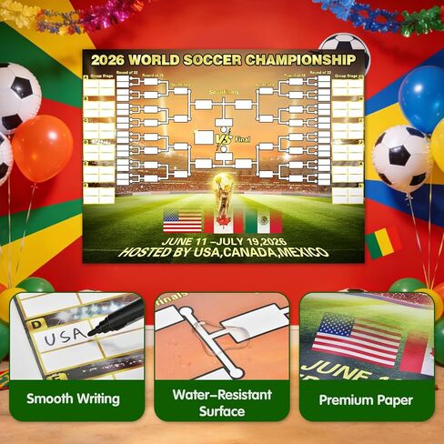 BUUFAN 2026 World Soccer Tournament Schedule Poster with Prediction Chart, Large Football Match Planner Wall Chart with Adhesive Tape, Interactive Bracket Gift for Football Fans in Kuwait