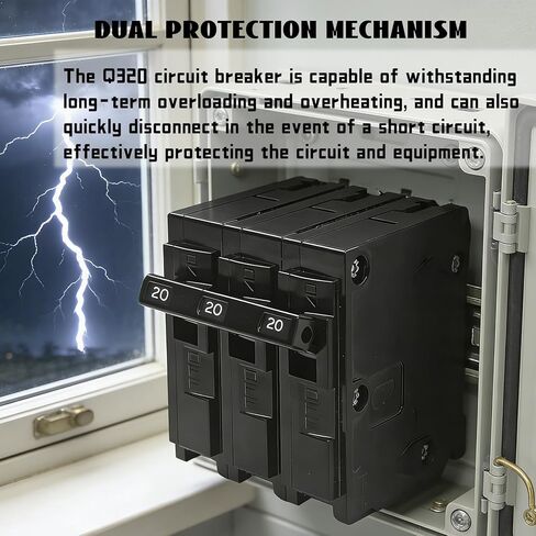 Q320 Circuit Breaker, 3-Pole 20-Amp, 120/240V, Plug-in Standard, Thermal Magnetic Protection, Fits Siemens EQ/EQL/SEQ/EQG/PL/ES Series Loadcentres in Kuwait