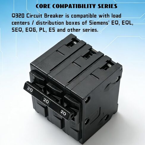 Q320 Circuit Breaker, 3-Pole 20-Amp, 120/240V, Plug-in Standard, Thermal Magnetic Protection, Fits Siemens EQ/EQL/SEQ/EQG/PL/ES Series Loadcentres in Kuwait