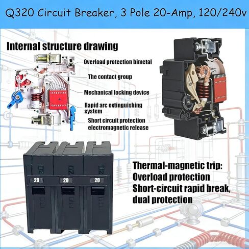 Q320 Circuit Breaker, 3-Pole 20-Amp, 120/240V, Plug-in Standard, Thermal Magnetic Protection, Fits Siemens EQ/EQL/SEQ/EQG/PL/ES Series Loadcentres in Kuwait