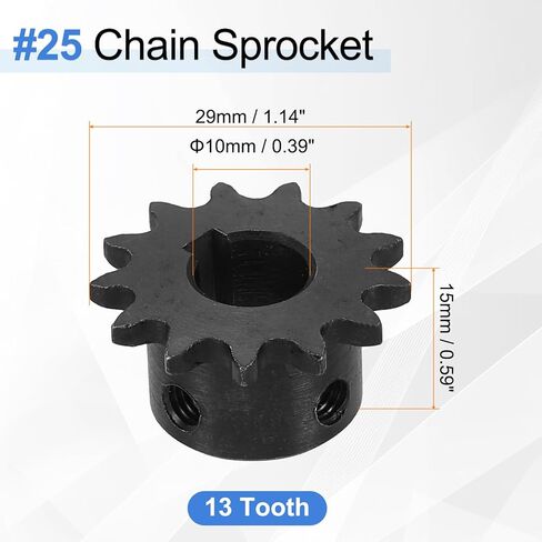 uxcell #25 Chain Roller Sprocket 10mm Bore 29mm OD, 13 Tooth C45 Carbon Steel ANSI #25 Roller Sprocket Round Hole with 4x1.8mm Keyway & Set Screws for ISO 04C Chain, Black in Kuwait