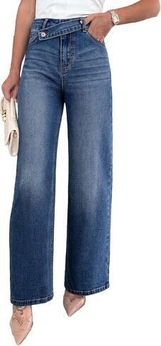 EVALESS Jeans for Women Trendy 2025 Overlap Waist Straight Wide Leg Stretchy Denim Pants in Saudi Arabia