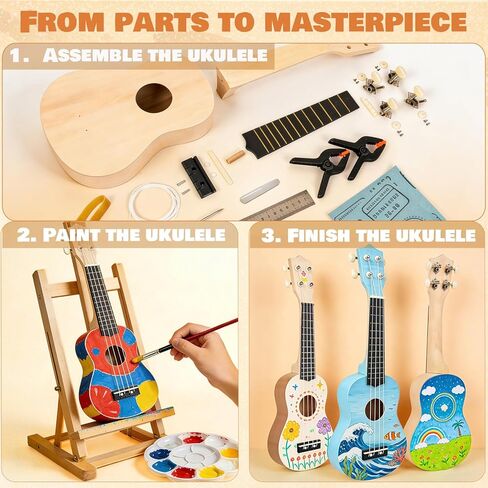 Kmise DIY Ukulele Kit, Basswood 21'' Soprano Ukulele, Build Your Own Uke from Scratch and Enjoy Hands-On Fun, Full Accessories, Ideal for Family Activities, Group Crafts, and Fun with Friends (1) in Kuwait