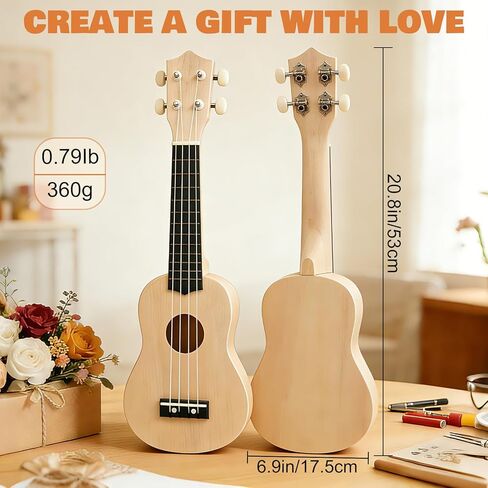 Kmise DIY Ukulele Kit, Basswood 21'' Soprano Ukulele, Build Your Own Uke from Scratch and Enjoy Hands-On Fun, Full Accessories, Ideal for Family Activities, Group Crafts, and Fun with Friends (1) in Kuwait