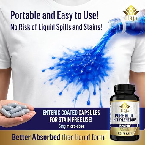 Pure Blue Methylene Blue Capsules x 120 - Enteric Coated, Delayed Release 5mg Capsules, Acid Resistant. USA Made in Kuwait