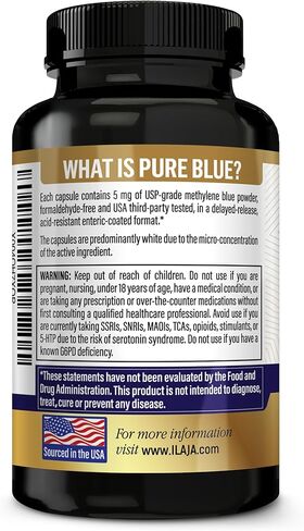 Pure Blue Methylene Blue Capsules x 120 - Enteric Coated, Delayed Release 5mg Capsules, Acid Resistant. USA Made in Kuwait