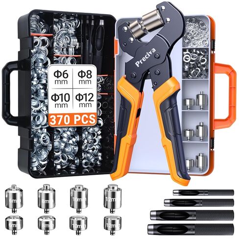 Preciva 4-Size Grommet Tool Kit - 1/2" 1/4" 5/16" 3/8" Hole Punch & Eyelet Setting Tool with 370Pcs Grommets | Handheld Eyelet Plier for Tarps, Tents, Canvas, Vinyl & Leather Crafting in Kuwait