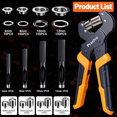 Preciva 4-Size Grommet Tool Kit - 1/2" 1/4" 5/16" 3/8" Hole Punch & Eyelet Setting Tool with 370Pcs Grommets | Handheld Eyelet Plier for Tarps, Tents, Canvas, Vinyl & Leather Crafting in Kuwait