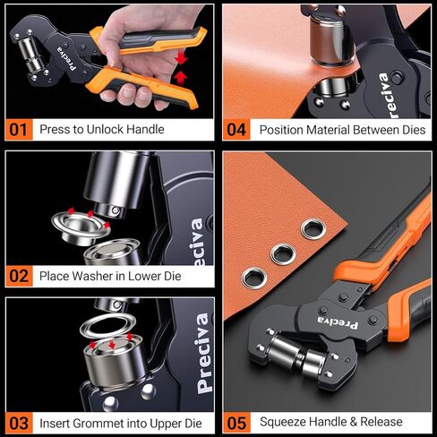 Preciva 4-Size Grommet Tool Kit - 1/2" 1/4" 5/16" 3/8" Hole Punch & Eyelet Setting Tool with 370Pcs Grommets | Handheld Eyelet Plier for Tarps, Tents, Canvas, Vinyl & Leather Crafting in Kuwait