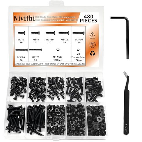 420pcs M4 Grade 10.9 Countersunk Hex Socket Screws, 6/8/10/12/16/20/25mm, Black Iron, Hex Bolts, Socket Head Furniture Countersunk Screws for Versatile Use in Kuwait