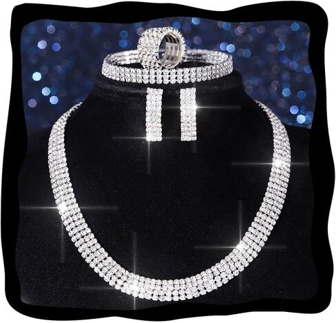 Aukmla Rhinestones مجوهرات الزفاف الزفاف مجموعة زفاف الفضة قلادة القلفة الأقراط in Saudi Arabia