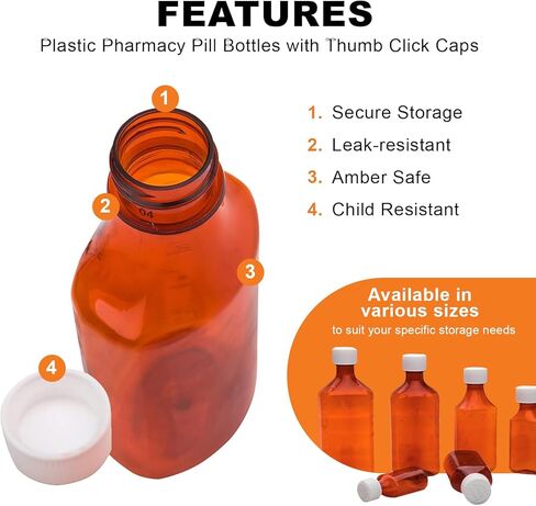 زجاجات عينة بيضاوية من العنبر السائل مع أغطية للدفع والدوران - حاويات أدوية طبية مقاومة للأطفال، قوارير سعة 8 أونصة (50 قيراط) in Kuwait