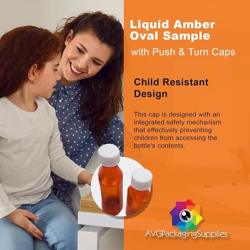 زجاجات عينة بيضاوية من العنبر السائل مع أغطية للدفع والدوران - حاويات أدوية طبية مقاومة للأطفال، قوارير سعة 8 أونصة (50 قيراط) in Kuwait