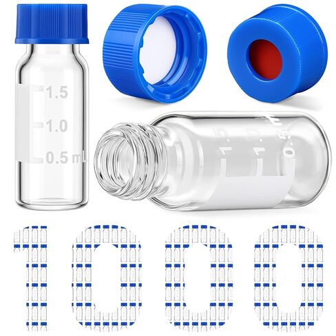 1000 قطعة من قوارير عينات تلقائية بحجم 2 مل من Qinyoung مع أغطية كبيرة، 9-425 جم/hplc قوارير فارغة معقمة وشفافة مع الكتابة على البقع والتخرج وزجاجة زجاجية للحقن باللون الأزرق ABS أغطية لولبية in Saudi Arabia